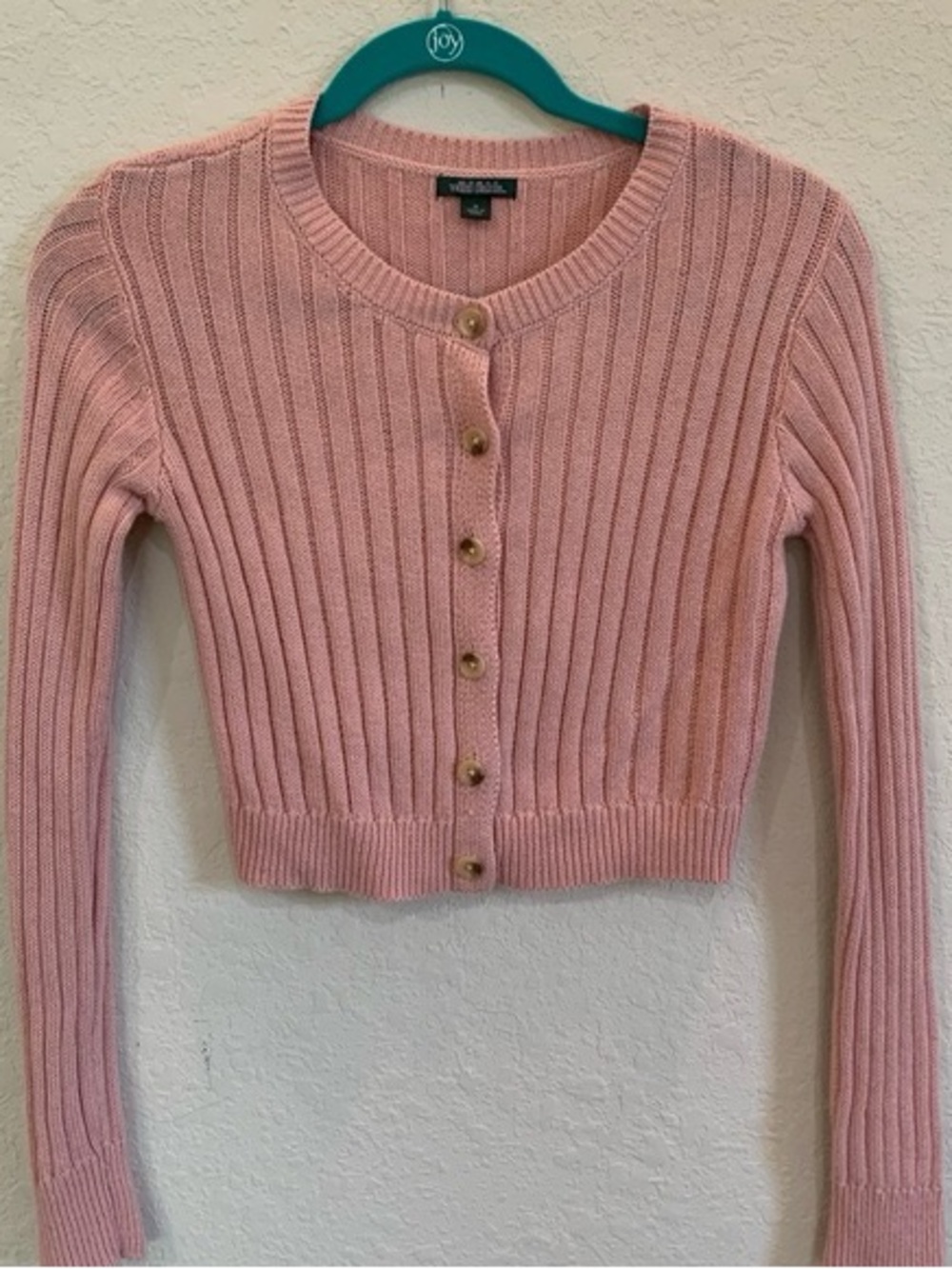 wild fable Pink Ribbed Button-Front Cropped Cardigan